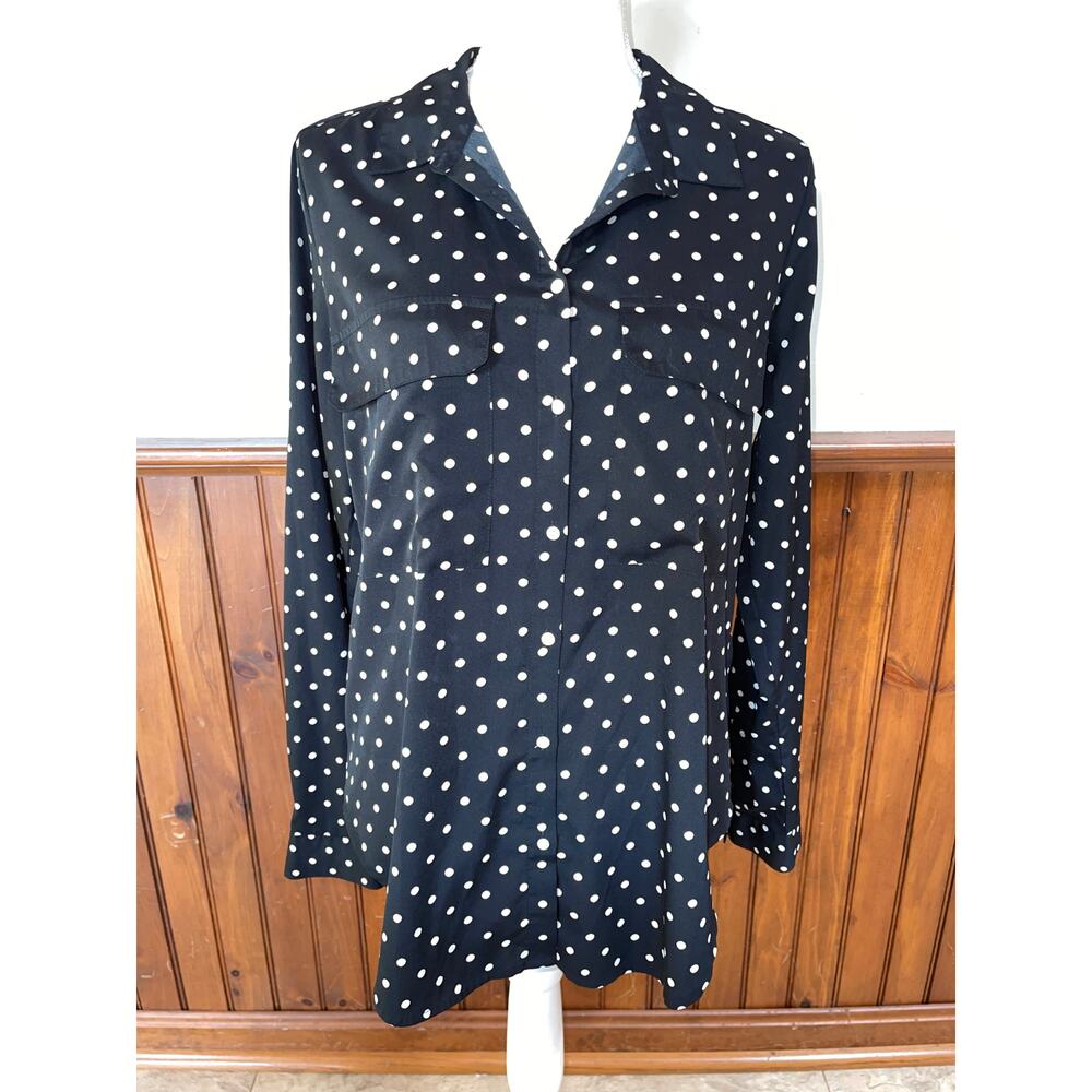 Womens Kut‎ From The Kloth Black White Polka Dot Long Sleeve Blouse Pockets M